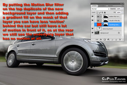 Motion blur and a layer mask combined shows a different amount at the back compared to the front of the car