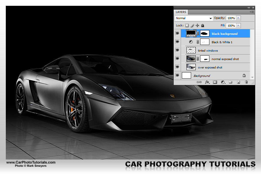 By effectively using the layer mask to reveal the Lamborghini in this photo again and keeping the background covered the overall look is much cleaner