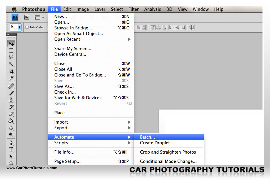 Actually using our watermark action involves executing a Batch from the Automate option in PhotoShop
